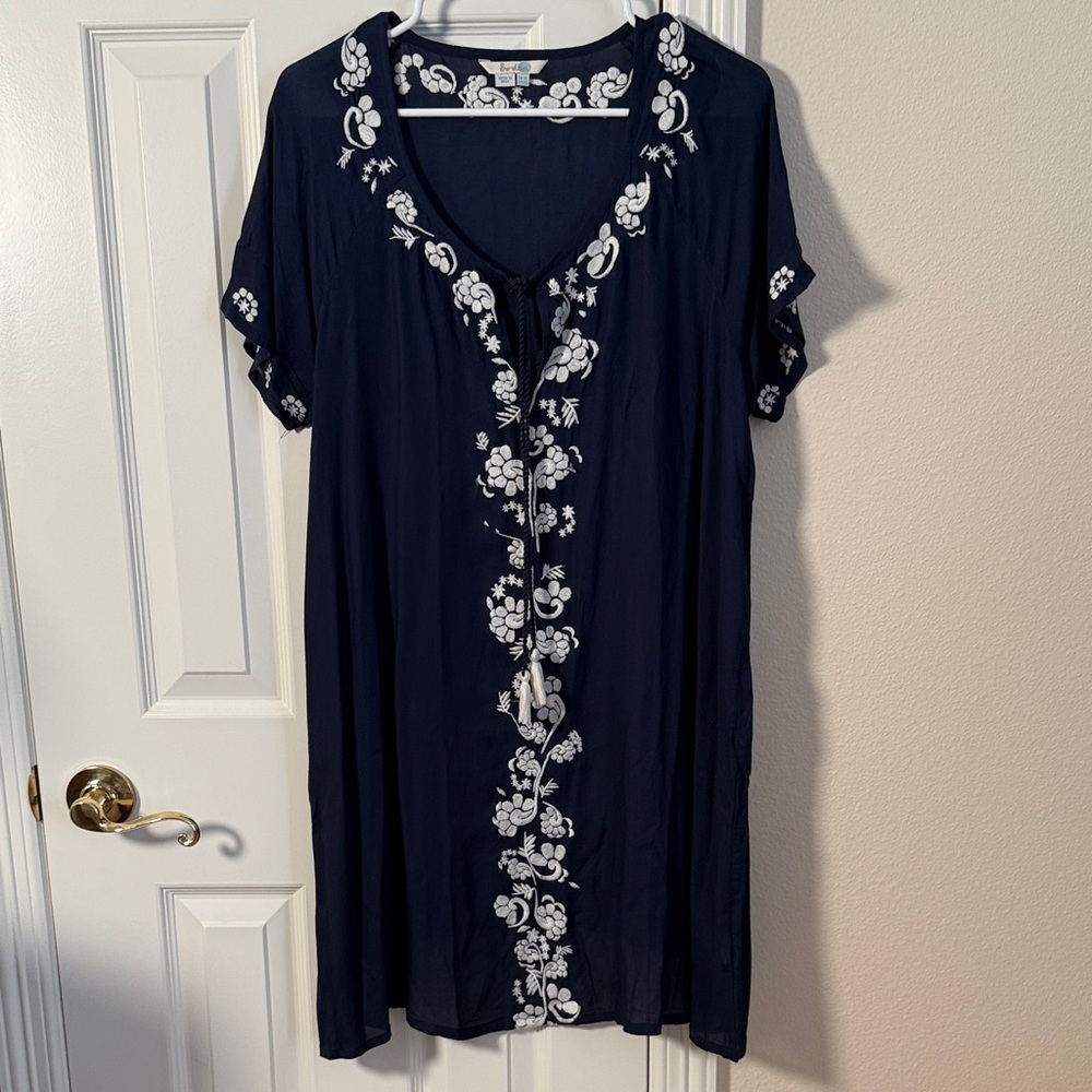 Boden Navy swim cover up with White Floral Embroidery